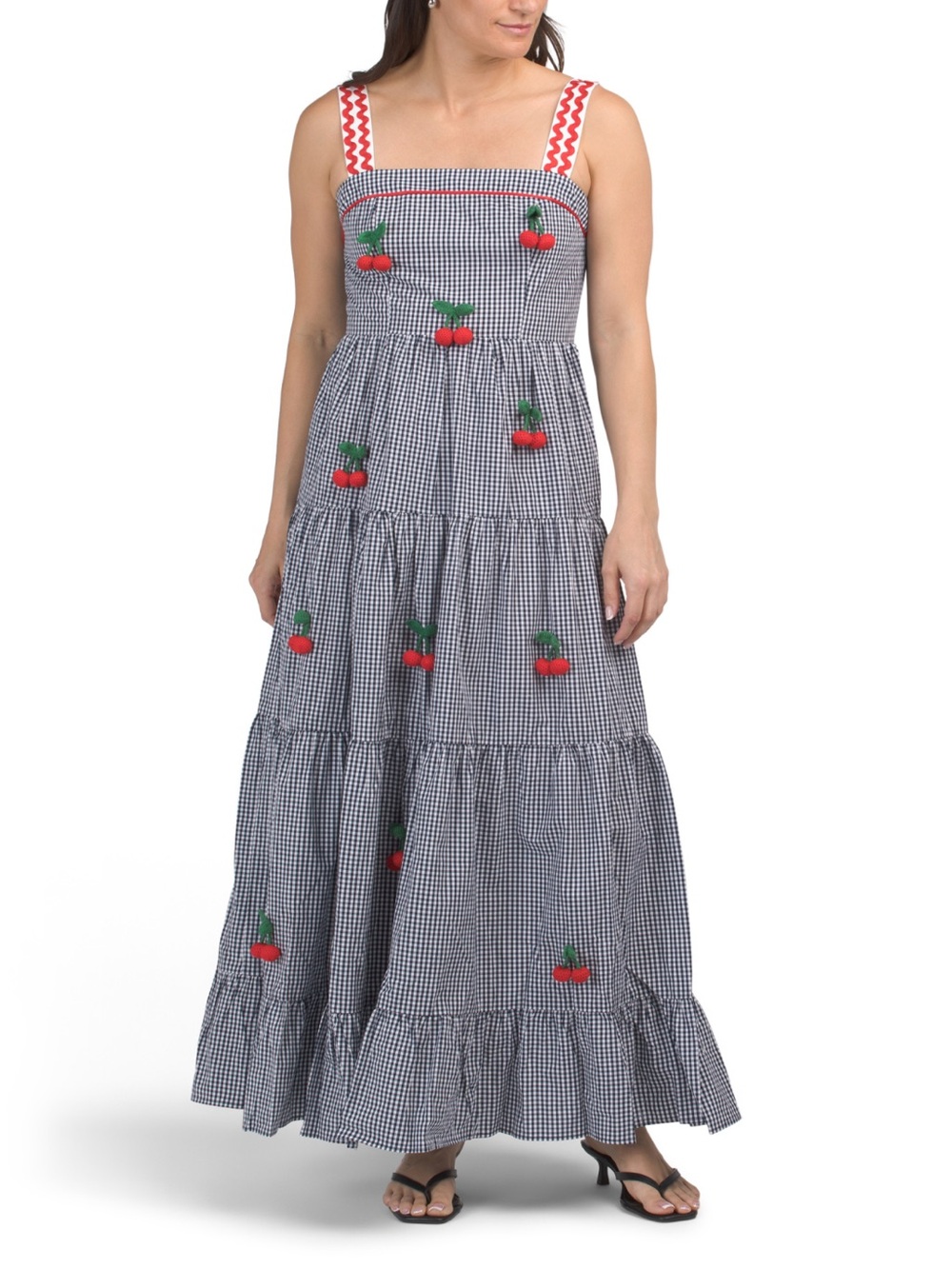 NWT O.P.T. 3D Crocheted Red Sweet Cherry Blue Navy Gingham Maxi Dress Size XL